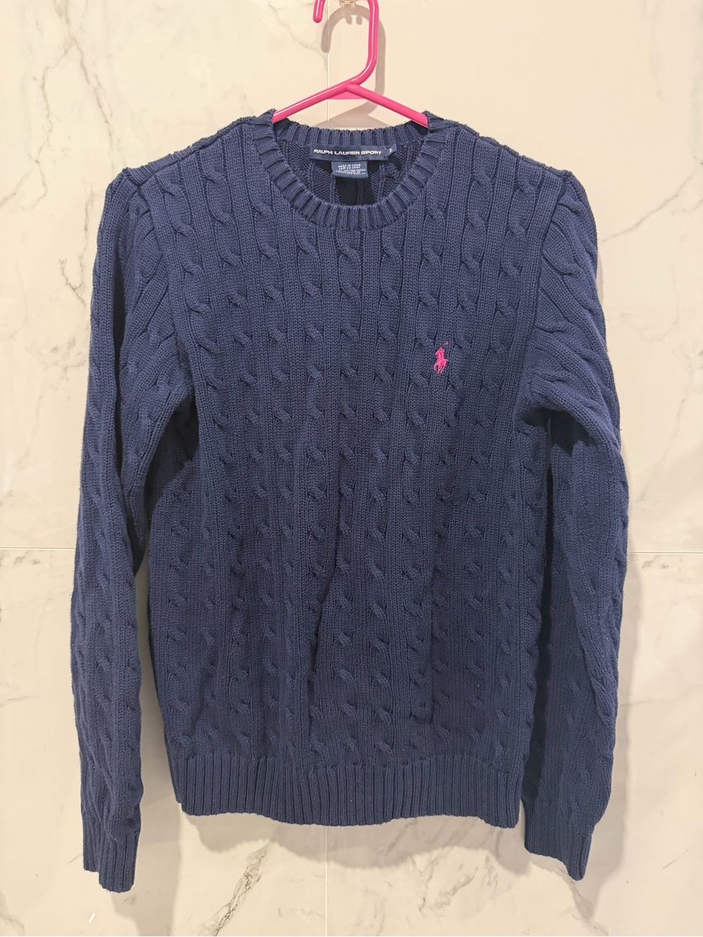 Ralph Lauren women’s Navy Cable Knit Crewneck Sweater with Pink Pony logo